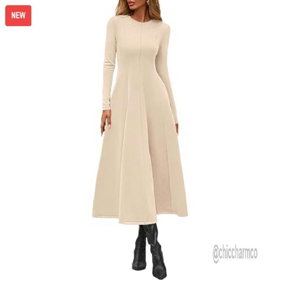 Elegant Long Sleeve Midi Cocktail Dress A-Line Flowy Party Formal - Picture 3 of 8